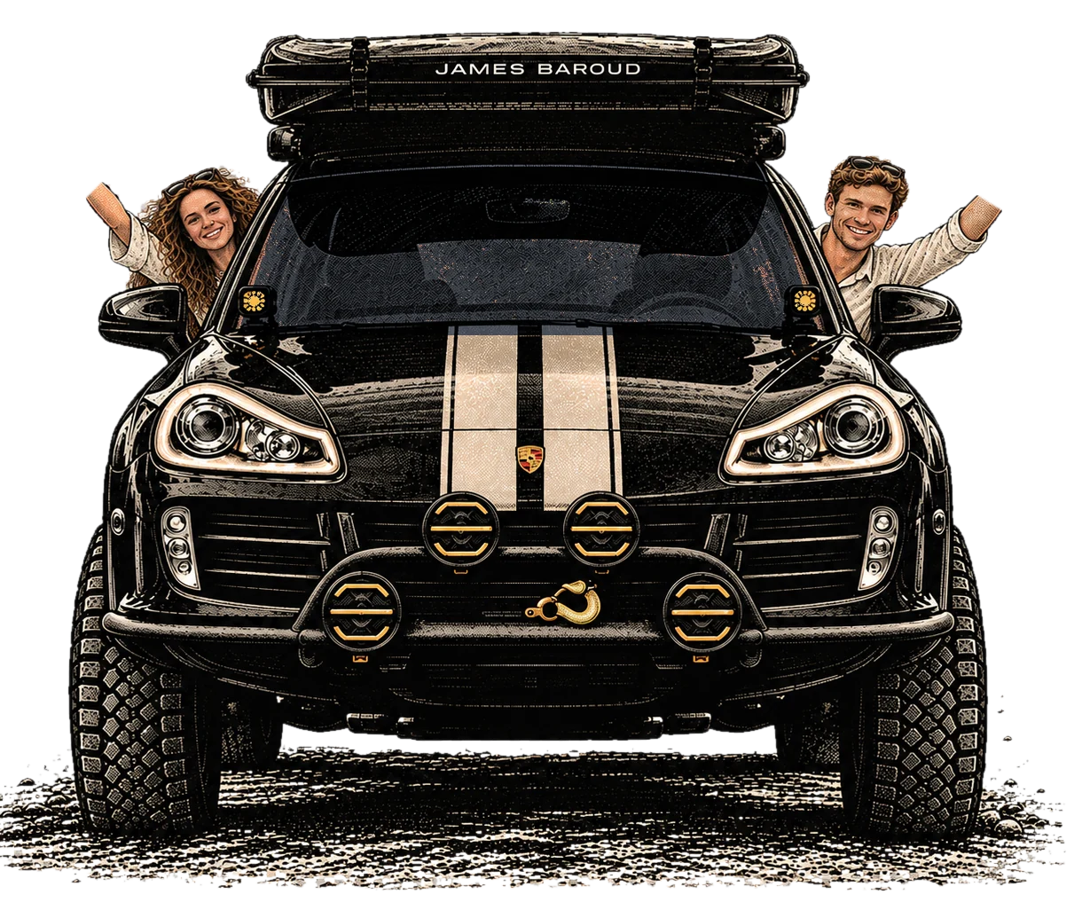 Illustration of the off-road Porsche Cayenne from the front, with Tess and Bodhi leaning out of the side windows and waving
